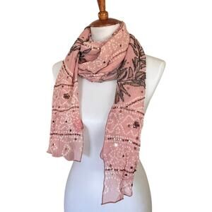 Azmina Vintage 100% Silk Hand Beaded Sequin Scarf Pink Botanical